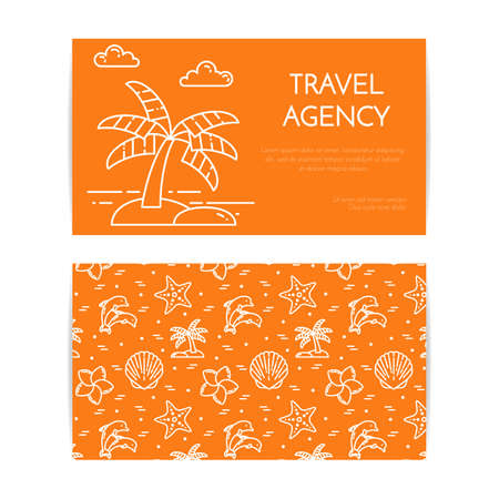Traveling horizontal banner palm on island. Seamless pattern with starfish, dolphins, plumeria. Flat line art. Vector illustration. Concept for trip, tourism, travel agency, hotels business card.のイラスト素材