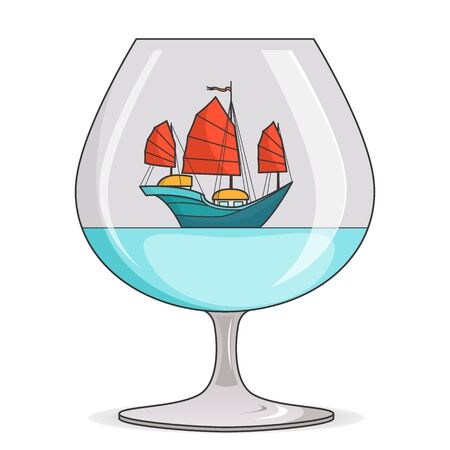 Color ship with red sails in glass. Souvenir with sailboat for trip, tourism, travel agency, hotels, vacation cardのイラスト素材