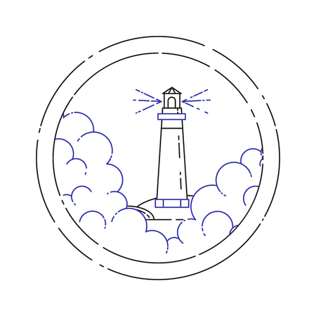 Traveling horizontal banner with lighthouse in the fog and clouds. Flat line art elements. Vector illustration. Concept for trip, tourism, travel agency, hotels, yachting, recreation card.のイラスト素材