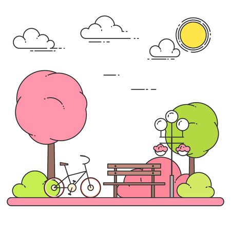 Spring city landscape with bench, bicycle in central park. Vector illustration. Line art. Concept for building, housing, real estate market, architecture design, property investment banner, card.のイラスト素材