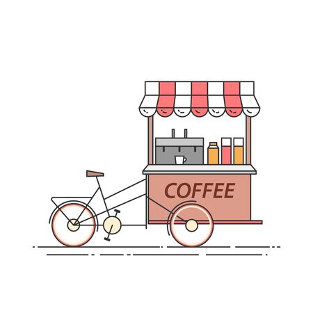 Coffee bicyle. Cart on wheels. Food and drink kiosk . Vector illustration. Flat line art. Elements for building, housing, real estate market, architecture design, property investment flyer, bannerのイラスト素材