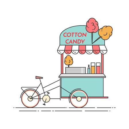 Cotton candy bicycle. Cart on wheels. Food and drink kiosk . Vector illustration. Flat line art. Elements for building, housing, real estate market, architecture design, property investment bannerのイラスト素材