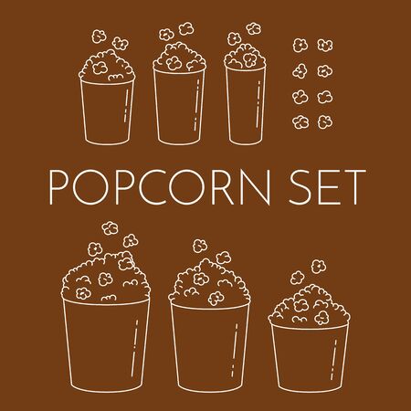 Set of cups with popcorn and kernels flying into the bucket. Different sizes of popcorn boxes isolated on white background. Modern line art style. Black and white vector illustration. Outline elementsのイラスト素材