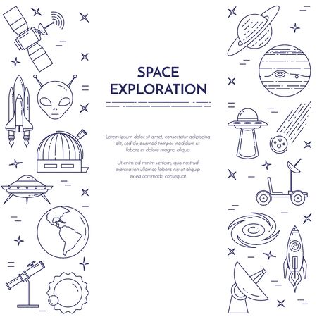 Space travel line banner. Set of elements of planets, space ships, ufo, satellite, spyglass and other cosmos pictographs.のイラスト素材