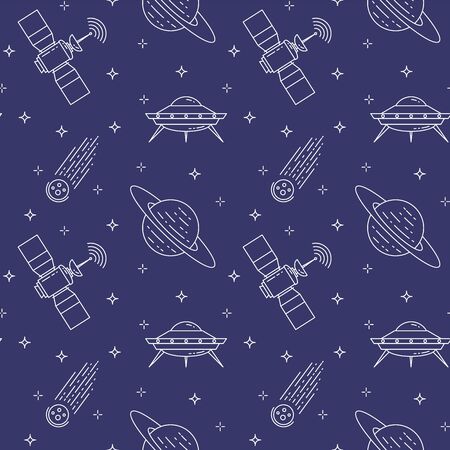 Space travel line icons. Elements of ufo, comet, planet, satellite. Seamless pattern. Concept for website, card, infographic, advertise wallpaper wrap website textile Vector illustrationのイラスト素材