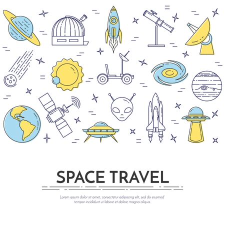 Space travel line banner. Set of elements of planets, space ships, ufo, satellite, spyglass and other cosmos pictograms. Concept for website, card, infographic, advertise. Vector illustrationのイラスト素材