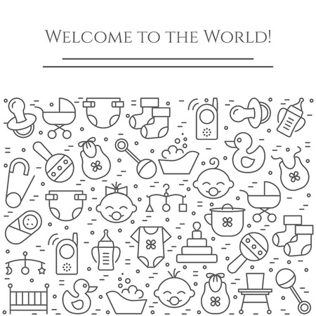 Baby theme horizontal banner with new born related elements.のイラスト素材