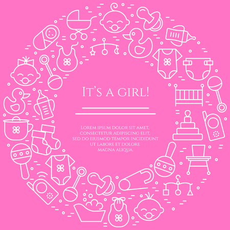 Baby theme horizontal banner. Pictograms of baby, pram, crib, mobile, toys, rattle, bottle, diaper, bathtub, cloth, bib and other newborn related elements Line out symbols Simple silhouetteのイラスト素材