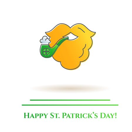 St. Patrick's Day theme colorful line banner. Orange leprechaun beard with tobacco pipe and shamrock leaf. Holiday related pictograms. Lineout. Simple silhouette. Editable stroke. Vector illustration.のイラスト素材