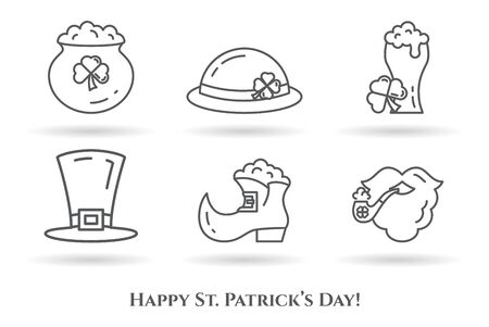 St. Patrick's Day theme thin line black and white icons. Set of elements of shamrock, leprechaun hat, shoes, beard, gold and other holiday related pictograms. Vector illustration. Editable stroke.のイラスト素材