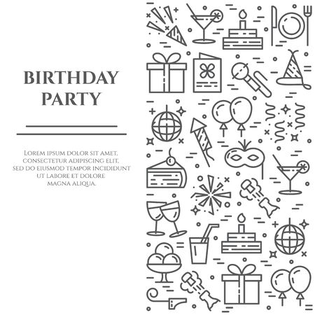 Birthday party banner with line icons with editable stroke in form ofvertical rectangle. Different elements for invitation or congratulation card in minimalistic style. Vector illustration.のイラスト素材