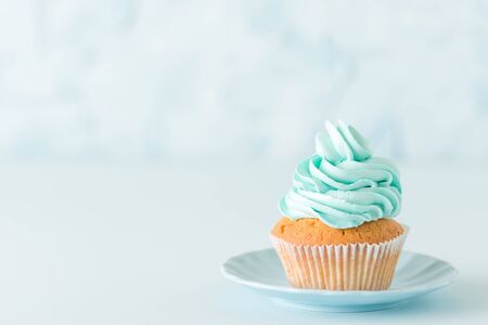 Cupcake with blue cream decoration on plate - blue pastel horizontal banner with beautiful dessert and copy space for wedding or birthday party invitation, congratulation card, valentine, mothers day.の写真素材