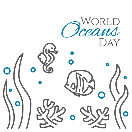 World oceans day banner with fish, sea horse, corals and seaweed line style isolated on white background. Outline underwater wild life with animals - environmental vector illustration.のイラスト素材