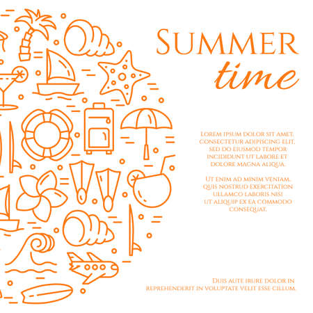 Summer vacation banner with orange thin line elements and space for text isolated on white background. Outline concept for summer traveling and holidays. Vector illustration with editable stroke.のイラスト素材