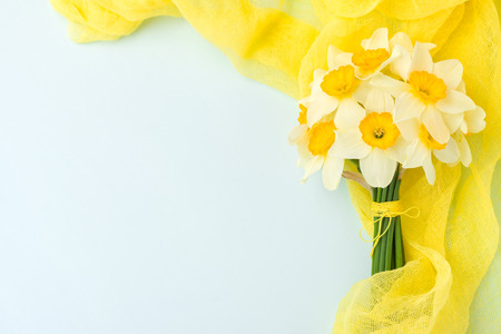 Daffodil bouquet with yellow textile decoration on blue pastel background with copy space. Spring flowers white narcissus - floral comosition for greeting card or congratulation banner.の写真素材