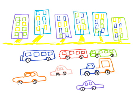 Kid doodle of city landscape with multistorey buildings and traffic on road isolated on white background. Children drawing felt-tip pen of town skyline and cars on highway. Vector illustration.のイラスト素材