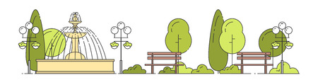 City landscape with public park in flat line art- green trees, benches and street lampposts near fountain isolated on white background. Urban park in summer time, vector illustration.のイラスト素材