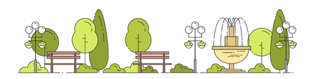 Summer city public park with trees, benches and fountain isolated on white background. Horizontal banner with town landscape in flat line art, vector illustration.のイラスト素材