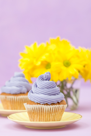 Cupcakes decorated with violet cream and bouquet of yellow chrysanthemums on violet pastel background. Text area. Ideal for greeting, mothers days and valentines card. Minimal still life concept.の写真素材