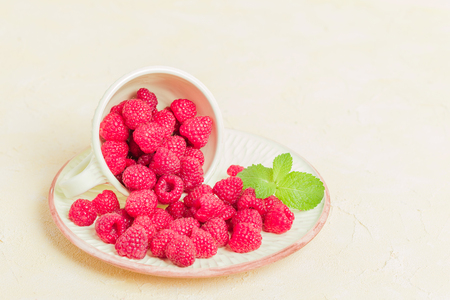 Ripe raspberries with green mint leaves in cup and saucer on pastel yellow background - close up...