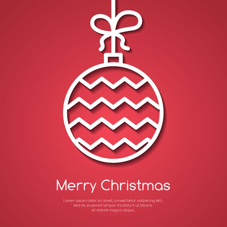 Christmas and New Year congratulation banner with line decorative tree ball with ornament on red background - vector illustration of bubble on ribbon with bow for winter holiday greeting card.のイラスト素材