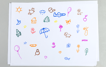 Kid doodle set of different colorful outline animals, flowers and elements.の写真素材