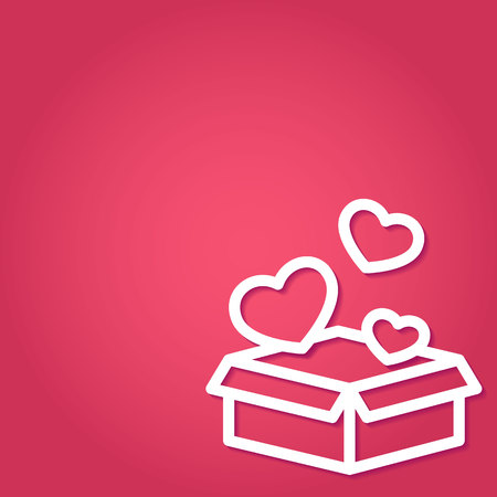 Open gift box with flying away hearts in paper art on red background with copy space - vector template of romantic banner for Valentine Day congratulation or love theme.のイラスト素材