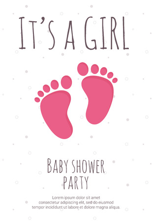 Baby shower party for future mommy of girl template with pink toddler footsteps and text on white textured background - vector illustration of invitation or congratulation in flat style.のイラスト素材