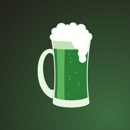 Mug of green beer with white foam - symbol of St Patrick Day in flat style. Isolated vector illustration of traditional alcoholic drink for 17 March holiday party design.のイラスト素材