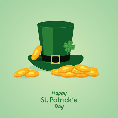 Happy St Patrick Day congratulation banner with tradition holiday symbol of leprechaun hat with four leaf clover and golden coins - vector illustration of fantasy elf cap and treasure in flat style.のイラスト素材