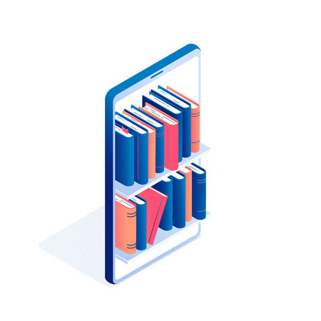 Online education or electronic book reading isometric concept - big mobile phone with shelves full of standing paper literature or diary with hardcover and bookmarks in isolated vector illustration.のイラスト素材