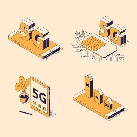 5G isometric  set with various digital gadgets with big sign of fifth generation in trendy flat style.のイラスト素材