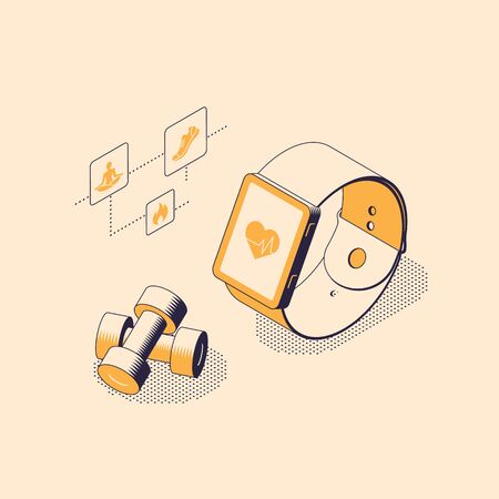 Isometric smartwatch with sport application on screen and weights for doing workout in isolated flatのイラスト素材