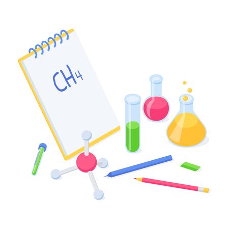 Chemistry education or back to school isometric concept - vector illustration of chemical flasks with liquid, molecule model and notepad with chemical formula for learning and studying design.のイラスト素材