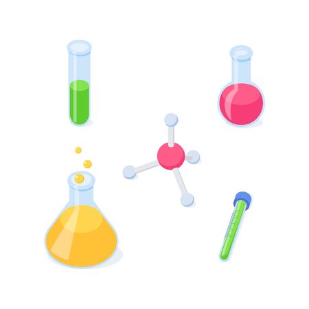 Chemical isometric set - glass flasks and test-tube with liquid and molecule model for learning and studying design. Chemistry education or back to school isometry concept.のイラスト素材