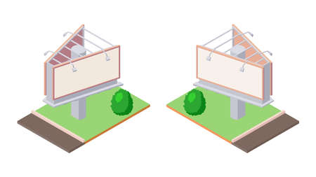 Isometric billboard on green ground near road for outdoor advertising in two sides. Blank bulletin billing banner with lamps for ooh. Big city billboard for business announcement message.のイラスト素材