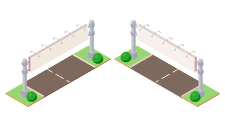 Isometric billboard on green ground near road for outdoor advertising in two sides. Blank bulletin billing banner with lamps for ooh. Big city billboard for business announcement message.のイラスト素材