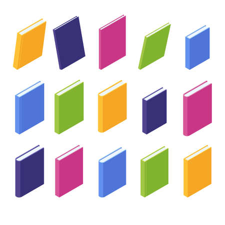 Books isometric. Colorful paper books with hard cover in vector illustration set.のイラスト素材