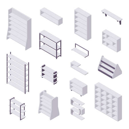 Bookshelf isometric - collection of various cases and shelves for books for home and store interior design.のイラスト素材