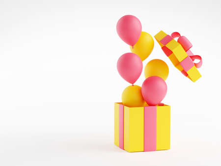 Open gift box with floating balloons 3d illustration.の写真素材