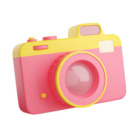 Photo camera 3d render illustration. Pink and yellow compact digital photocamera with lens and...