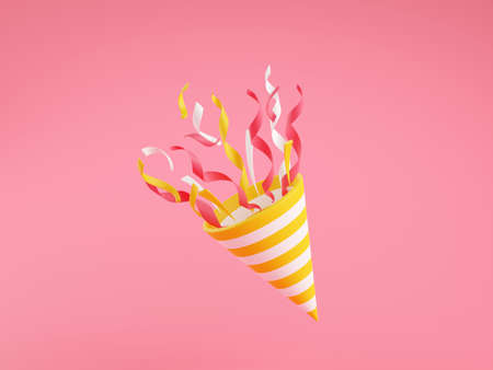 Party popper with flying confetti 3d renderの写真素材