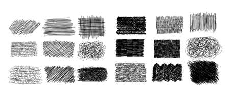 Ink pen scrawl collection - various rectangular shapes of hand drawn scribble line drawings. Vector illustration set of doodle grunge frames with editable strokes. Scratchy pattern badges.のイラスト素材