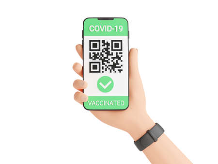 Green COVID vaccination certificate - qr code and check mark on mobile phone screen in human hand 3d render.の写真素材