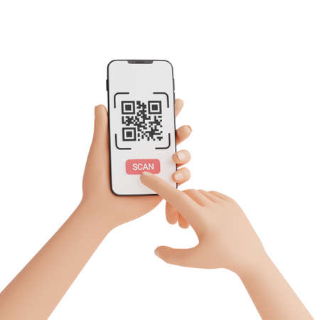 Qr code scan concept - human hand holding mobile phone with barcode scanning process 3d render illustration.の写真素材