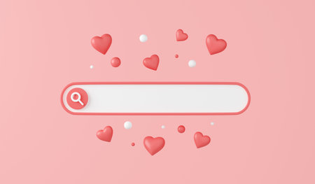 Web search bar with hearts 3d render - illustration of white website form for research of informationの写真素材