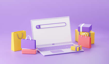 Online shopping web search concept - 3d render illustration of laptop with shopping bags and boxes around it.の写真素材