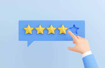 Customer review 3d render - human hand marking 4 star on speech buble. Positive client experience...