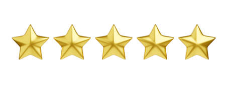 Five golden stars 3d render illustration for customer review concept.