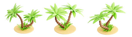 Palm tree on sand 3d render - tropical plant with green leaves and grass for beach vacation and summer travelの写真素材